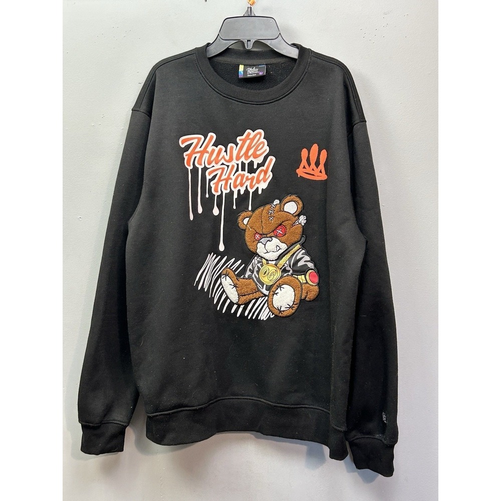 Bleecker & Mercer Sweatshirt Mens L Black Hustle Hard Bear Streetwear Graphic
